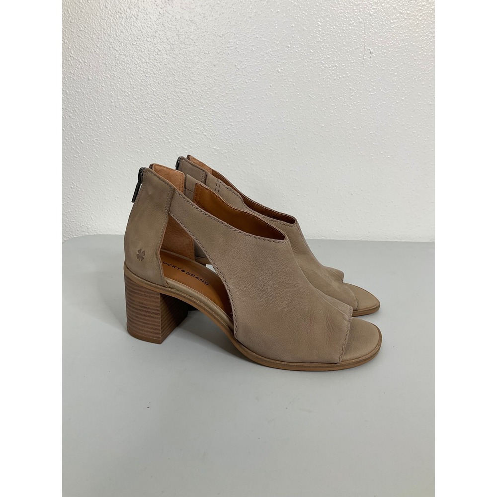 Lucky Brand Taupe Leather Cutout Peep Toe Block Heel‎ Booties Sandals Womens 8M